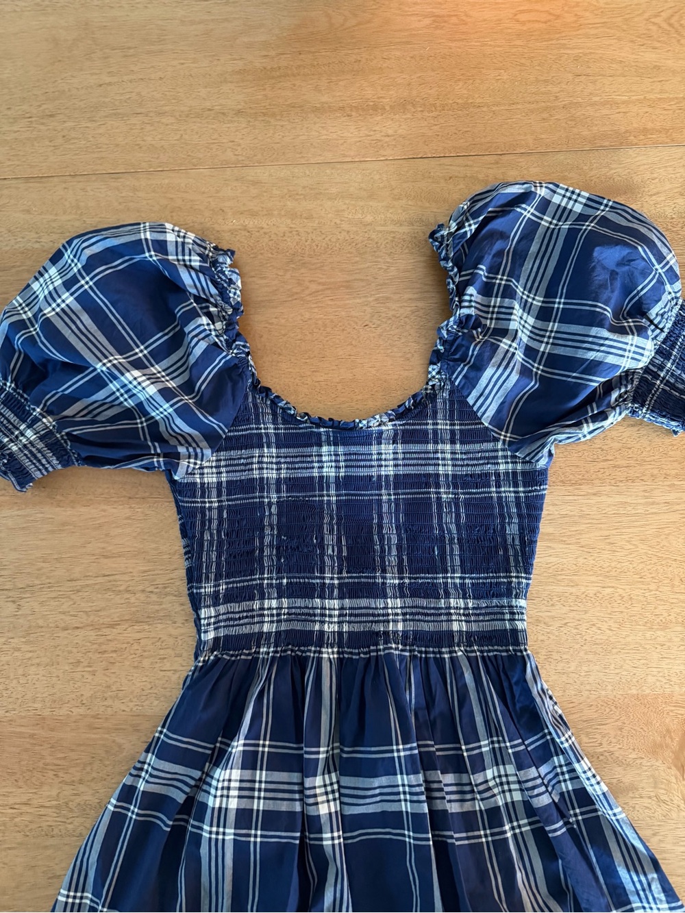 Blue Plaid Smocked Puff Sleeve Nap Dress Cottagecore Picnic Dress Size S - Picture 8 of 9